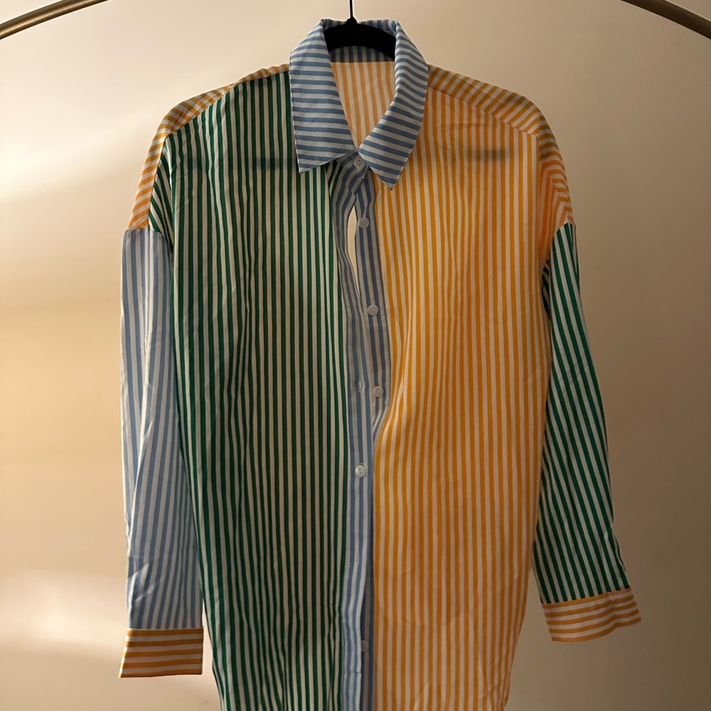 Striped multi colored button down shirt